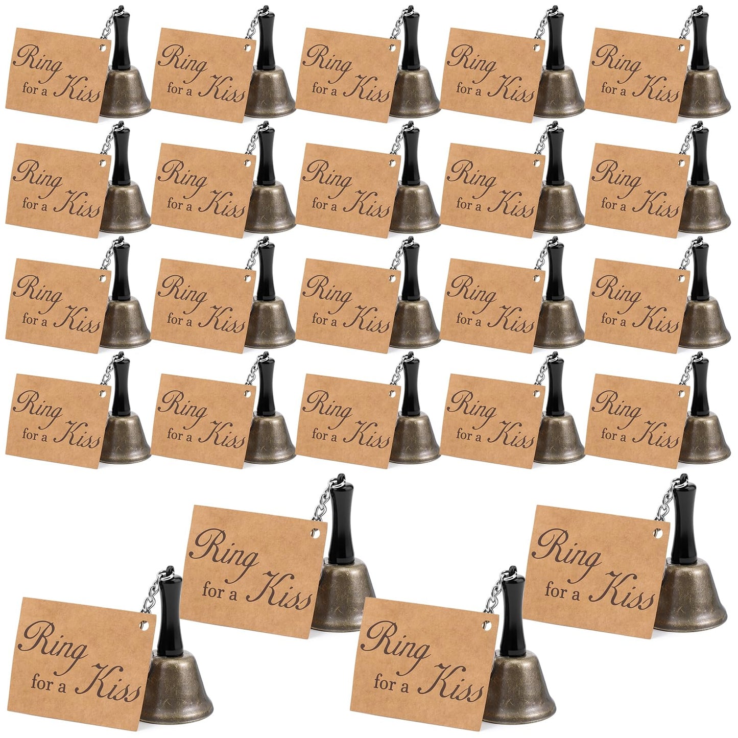24 Set Bronze Wedding Bells with 'Ring for a Kiss' Cards Bulk Kissing Bells for Reception Decorations, Guest Favors, Table Centerpieces & Goodie Bag Party Supplies