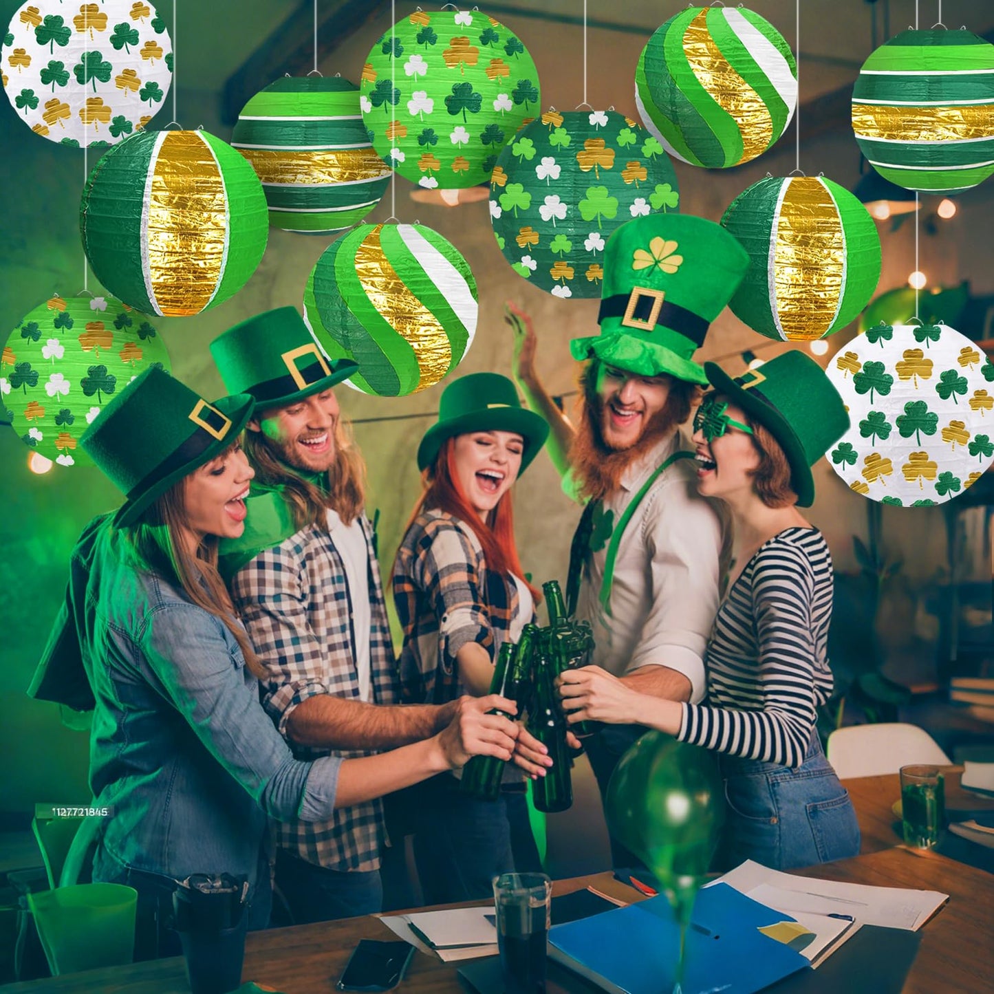 ADLKGG 12 PCS Lucky Green Paper Lanterns, 8" Hanging Clover Decorations for Garden Party, Casino Night, The Lucky One Baby Shower, Irish Wedding & Spring Events, St. Patrick's Day
