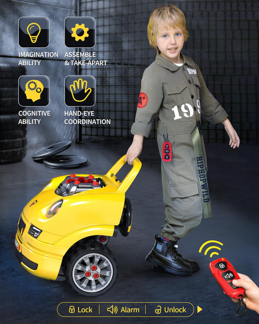 Deejoy Large Truck Builder Kit for Toddlers 3-5, Kids Mechanic Workshop Set with Light and Sound, Removable Engine, Yellow, 15.3x18.7inch