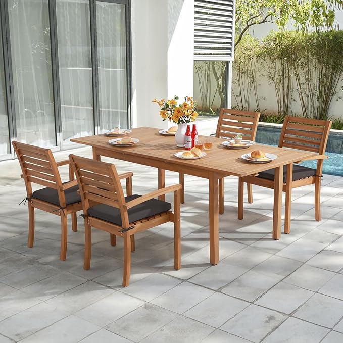 OC Orange-Casual Stackable Patio Dining Chairs Set of 2, Outdoor Acacia Wooden Chairs w/Armrest & Removeable Fabric Cushion, for Porch, Backyard, Garden, Indoor, Dark Grey