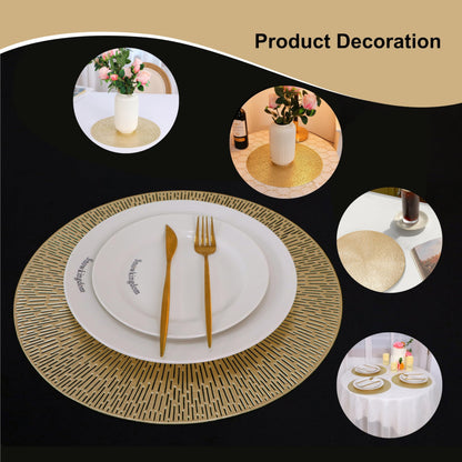 Snowkingdom Gold Round Placemats Set of 4, Golden Vinyl Metallic Hollow 15 Inch Place mats, Washable Easy Clean Wipeable Non Slip Stain Heat Resistant Dining Table Mats for Wedding Party Decoration
