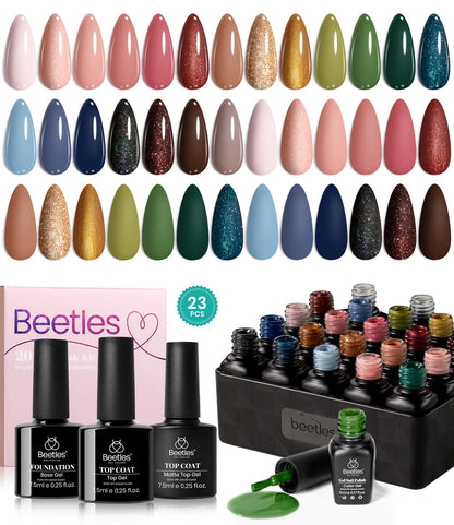 beetles Gel Polish Set - 23Pcs Macaroon Color Gel Nail Kit with Glossy Matte Top Coat Base Coat Yellow Pink White Purple Blue Glitter Bright Uv Nails Paradise Pastel Gel Halloween Gifts for Women