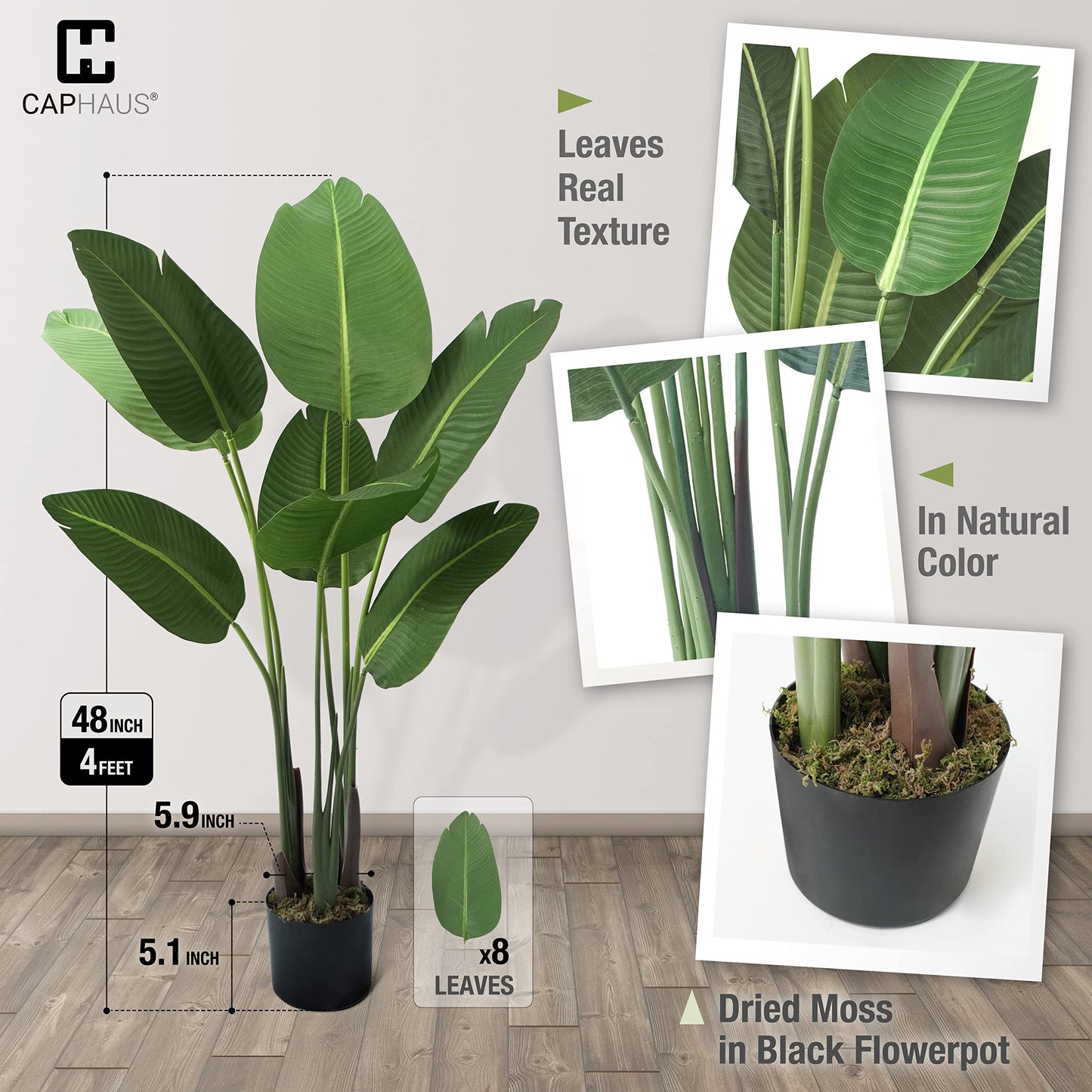 CAPHAUS 4FT Artificial Bird of Paradise Plant, UV Resistant Fake Potted Plant with Dried Moss for Indoor Outdoor Use, Perfect for Tabletop, Corner, Apartment, Home Office Decor, No Maintenance