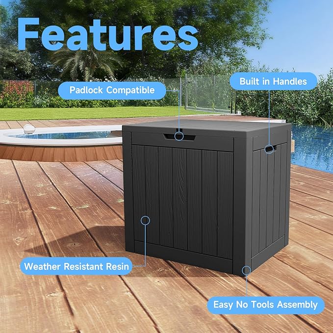 35 Gallon Outdoor Deck Box, Lockable Waterproof Outdoor Storage Boxes For Garden Tools,Indoor Cushions,Accessories Outside Storage Resin Weatherproof Container(Black)