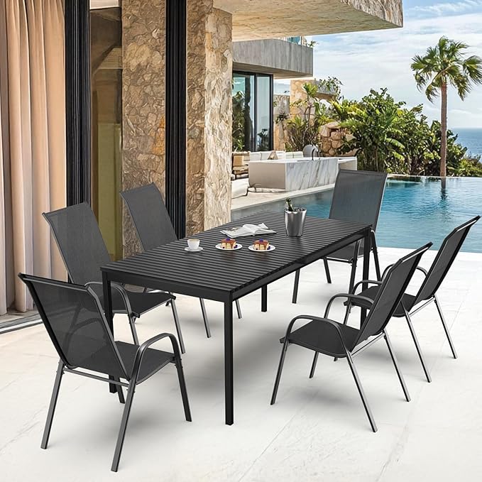 VINGLI Patio Chairs Set of 8 – Stackable Outdoor Dining Chairs with Comfortable Sling High Back Chairs and Armrests for Lawn, Poolside, Courtyard, Balcony, Garden, Black
