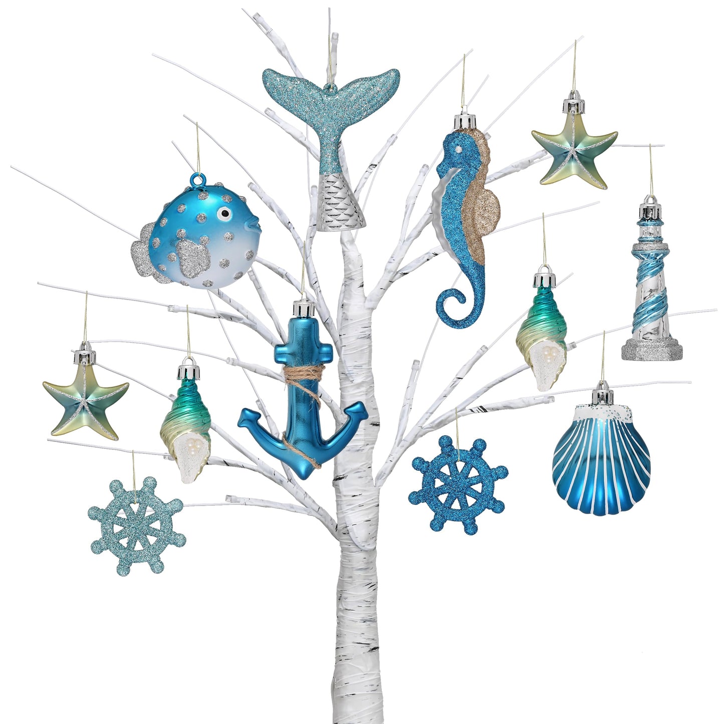 Valery Madelyn Summer Ornaments Tree Decorations Set, 12ct Light Blue and Silver Shatterproof Summer Balls Bulk, Summer Beach Coastal Ocean Nautical Marine Hanging Seafair Xmas Holiday Decor