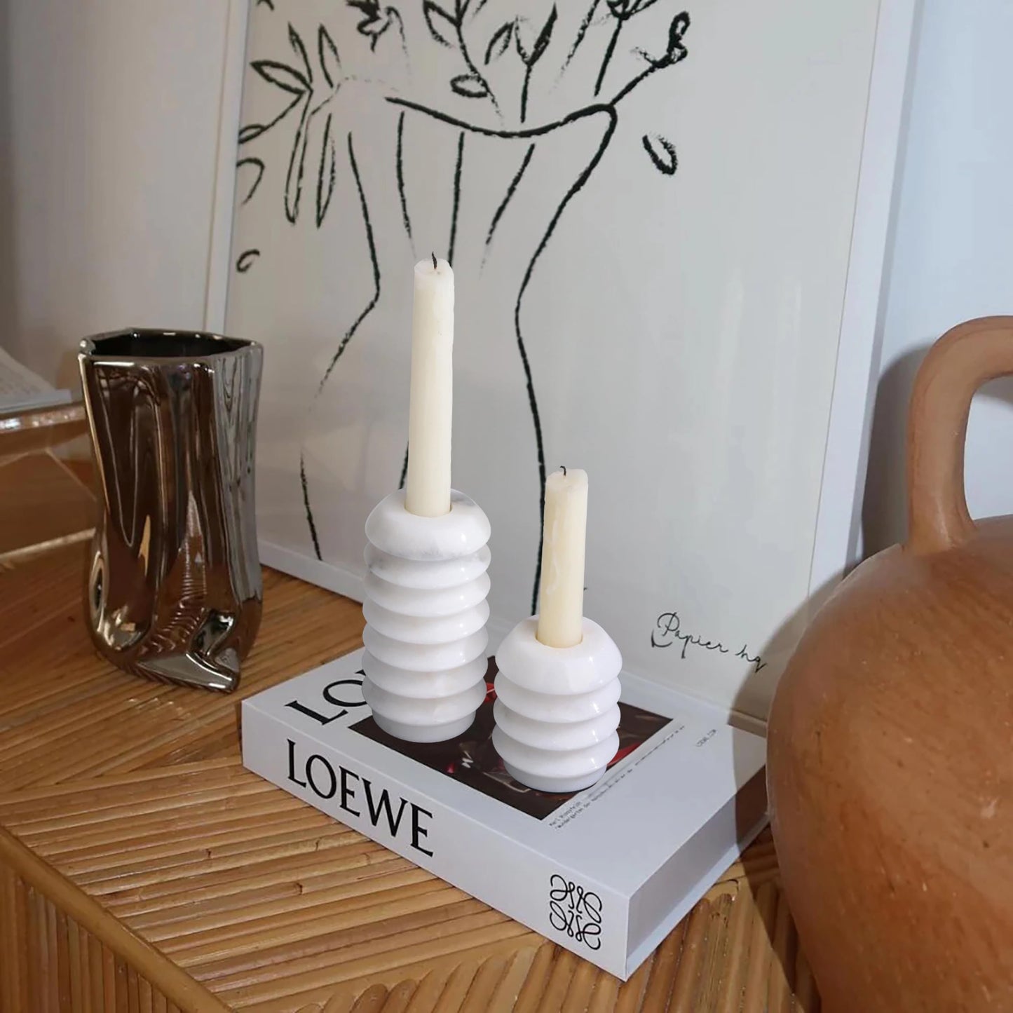 HofferRuffer Marble Candlestick Holders, Set of 2 Natural Stone Candle Holder Decorative Candle Stands for Wedding, Dinning, Party, Table Centerpieces, Fits 3/4'' Thick Candles (MarbleWhite)