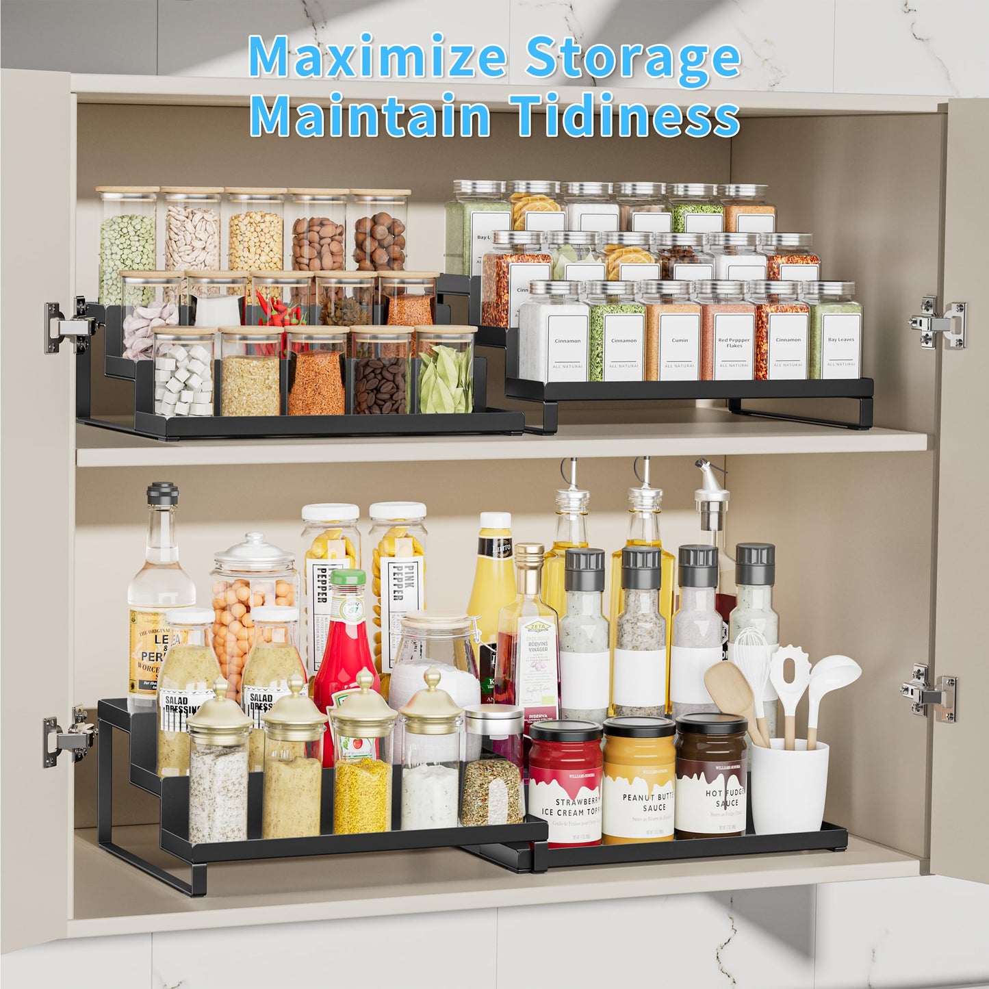 BOIVSHI Spice Rack Organizer for Cabinet, Expandable 3 - Tiered Spice Rack, Metal Spice Organizer, Spice Shelf Organizer for Cabinet, Countertop, Pantry, Cupboard, Black
