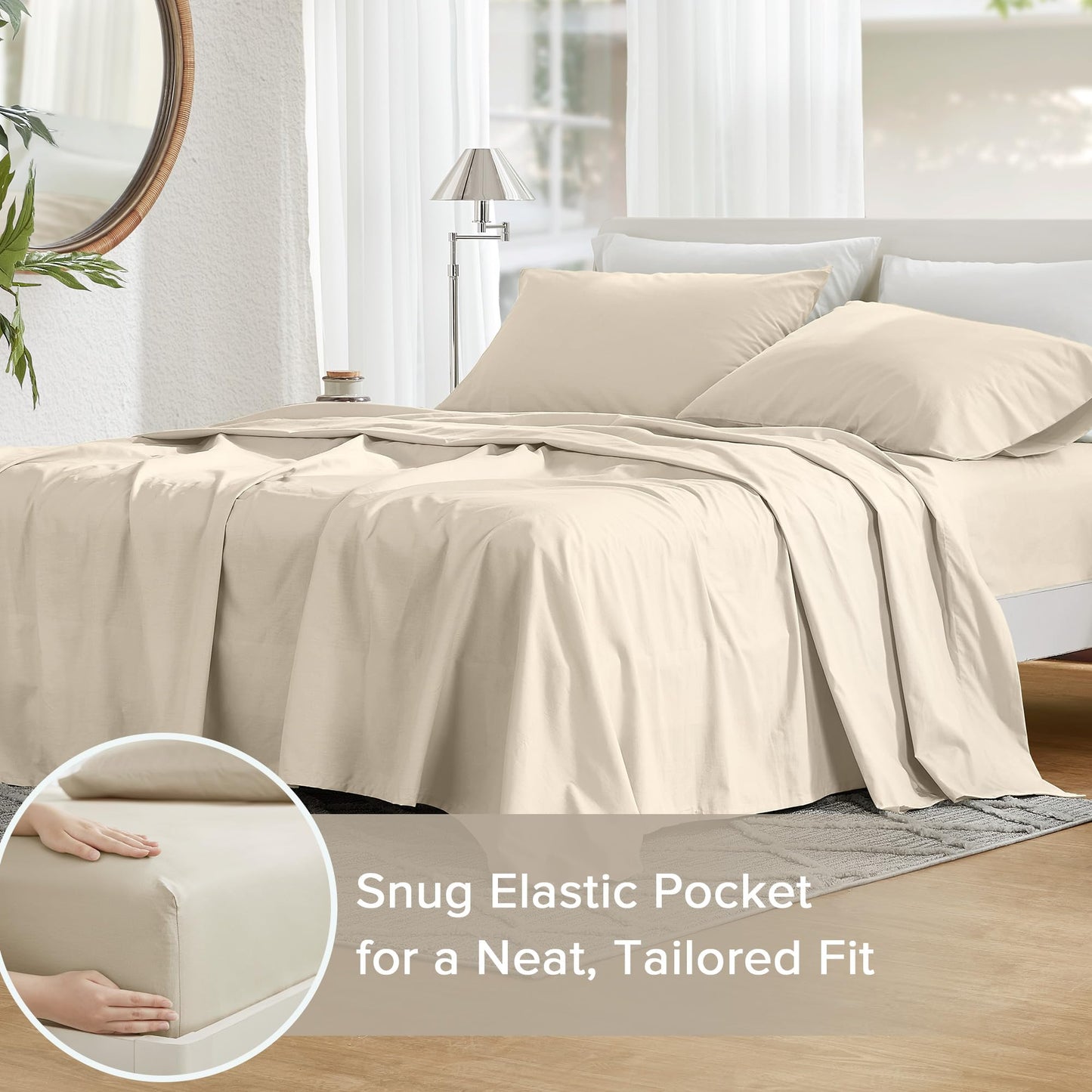 Comfort Spaces 100% Cotton Sheets Full, Breathable & Ultra Soft Cotton Sheets, Naturally Cool Cotton Bed Sheets with 14" Elastic Pocket Fits up to 16" Mattress, All Seasons Sheet Set, Cream 4 Piece