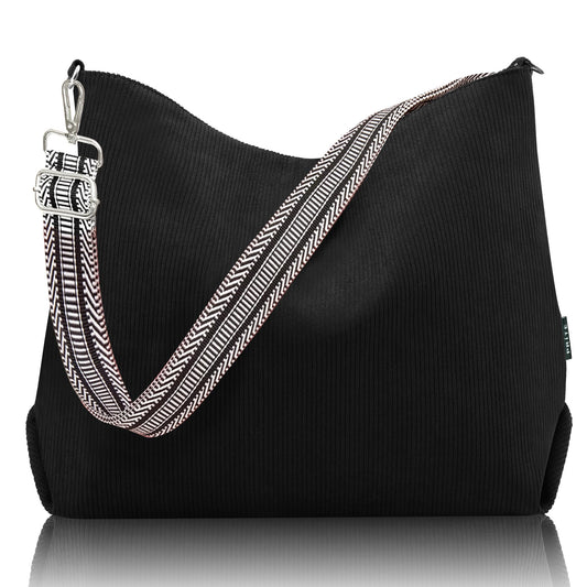 Prite Corduroy Tote Bag for Women with Zipper Large Capacity Shoulder Bags with Adjustable Strap and Pockets Waterproof Handbag for Work School Shopping Travel College (Black)