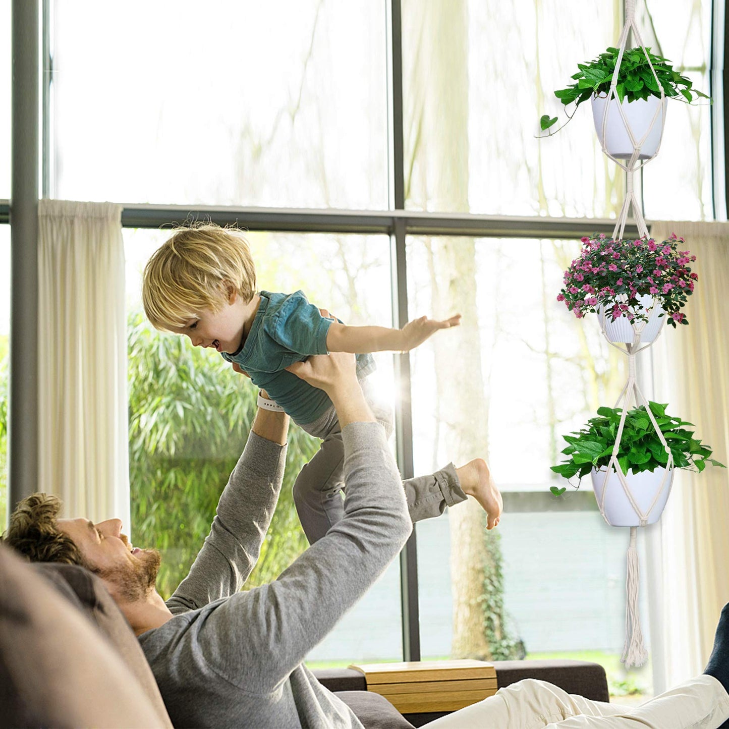 IGaiety Macrame Plant Hanger 5 Pcs Indoor Outdoor Hanging Plant Holders Handmade Plant Hangers Cotton Rope Planters with 5 Pcs Ceiling and S Hooks for Small Plants Pots Boho Home Decor