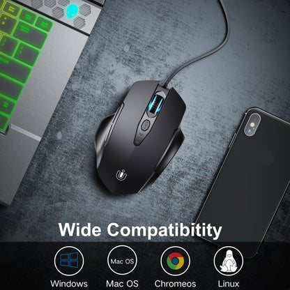 Uineer Wired Mouse, USB wired mouse with 6 Buttons Ergonomic design,1.5M USB Cable Computer Mouse Gaming 7200DPI Optical Mice for PC Laptop, Matte Black