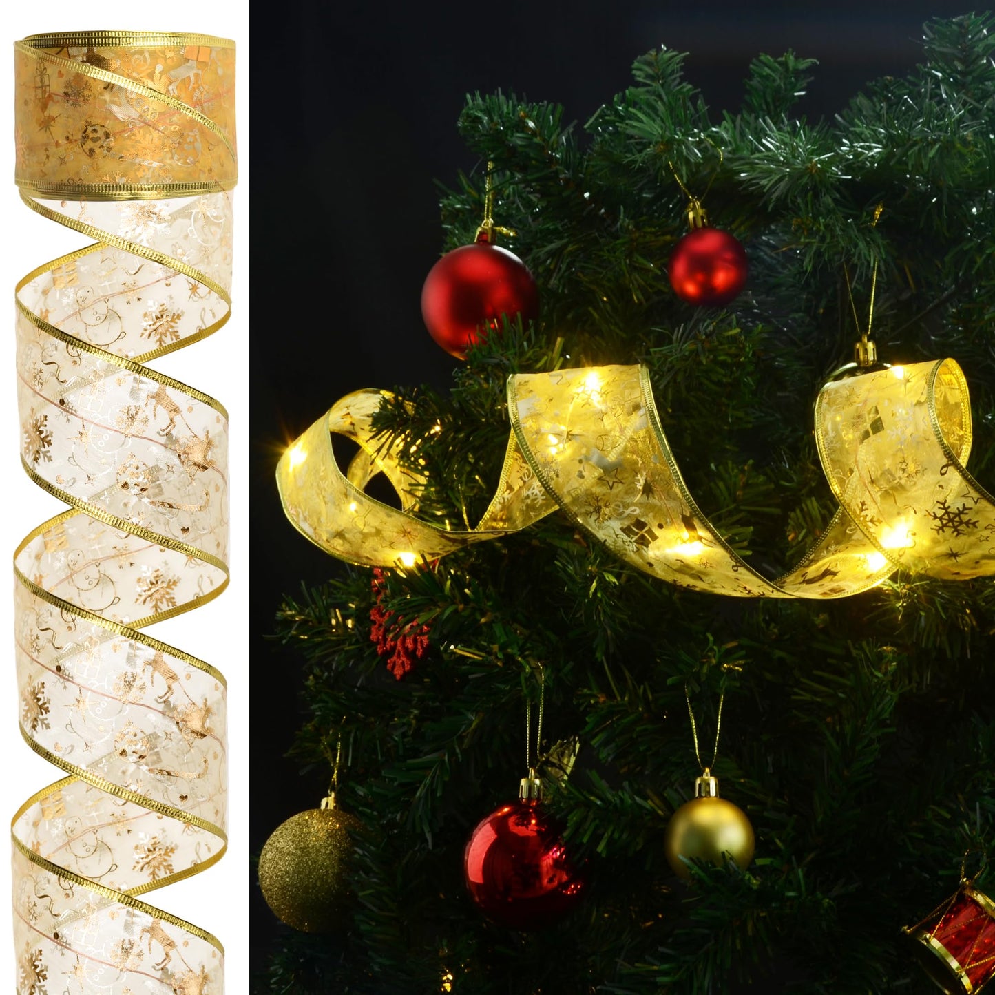Vimorg Christmas Decorations - 2.5Inch x 66Ft 200 Led Christmas Tree Ribbon Lights with 8 Lighting Modes, Battery Operated & USB Powered Fairy String Lights with Timer for Xmas Tree Decor