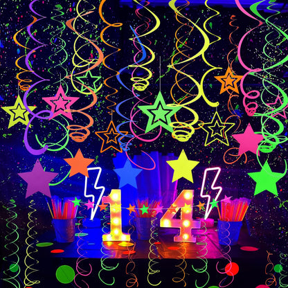 52 PCS UV Neon Rainbow Ceiling Swirl Decoration Hanging Streamer for Ceiling Neon Garlands Black Light Neon Decorations for Dark Glow Party Supplies and Decorations Birthday Party Favors
