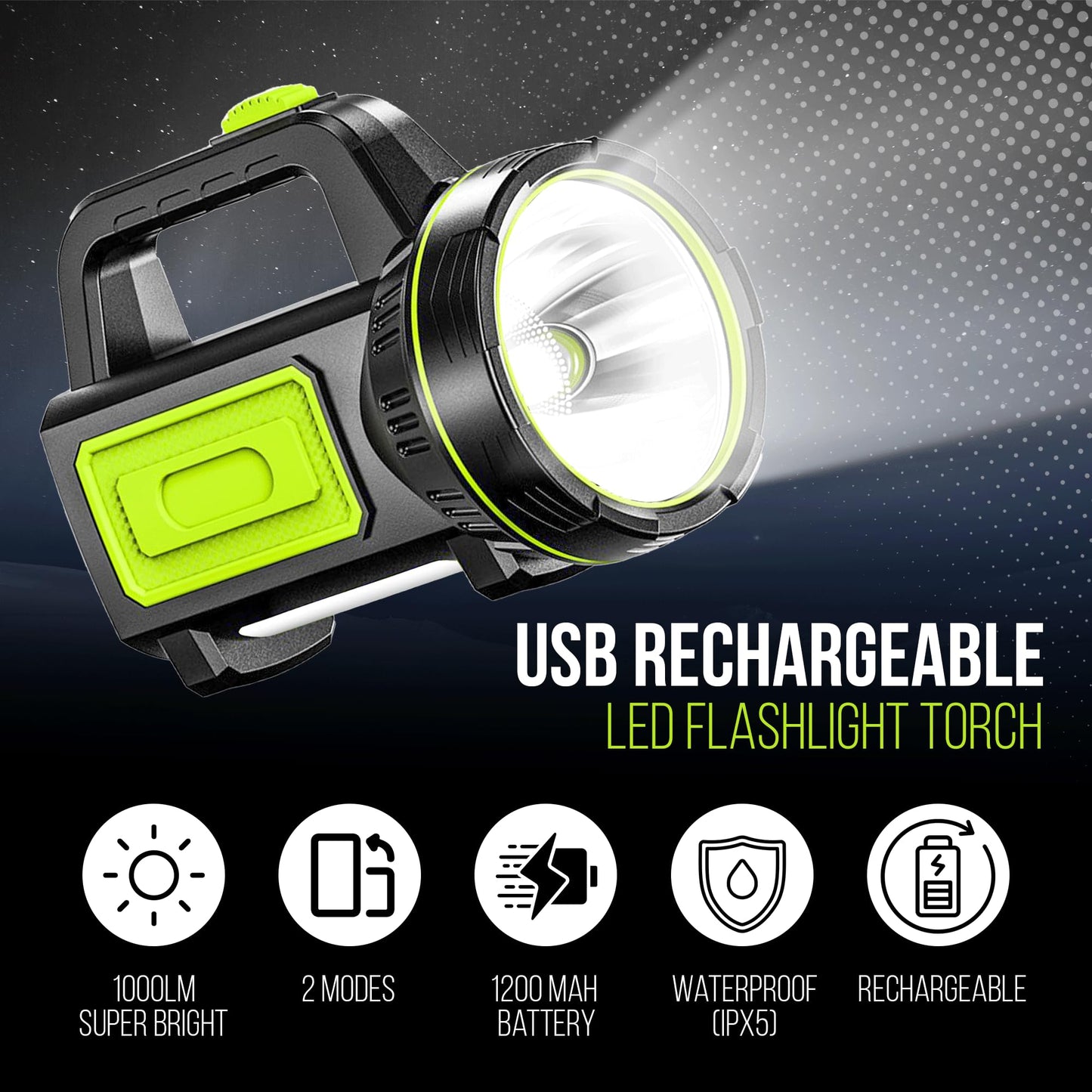 NIANPU Ultra-Bright LED Rechargeable Torch – 1000LM Handheld Flashlight 1200mAh, 2 Modes, Compact & Waterproof (IPX5) – Perfect for Camping, Outdoor Activities & Emergency Use