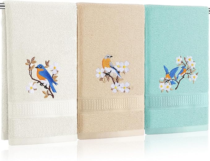 Bird Floral Hand Towels Farmhouse White Light Brown Turquoise Bird Bathroom