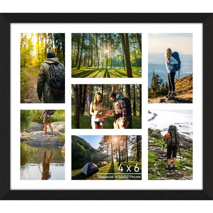 Lacopgr 4x6 Picture Frame Collage 7 Openings, 13.5"x15.5" Multi Photo Collage Frame 4"x6" Gallery Wall Decor Wooden, Black Frame with White Mat, Wood