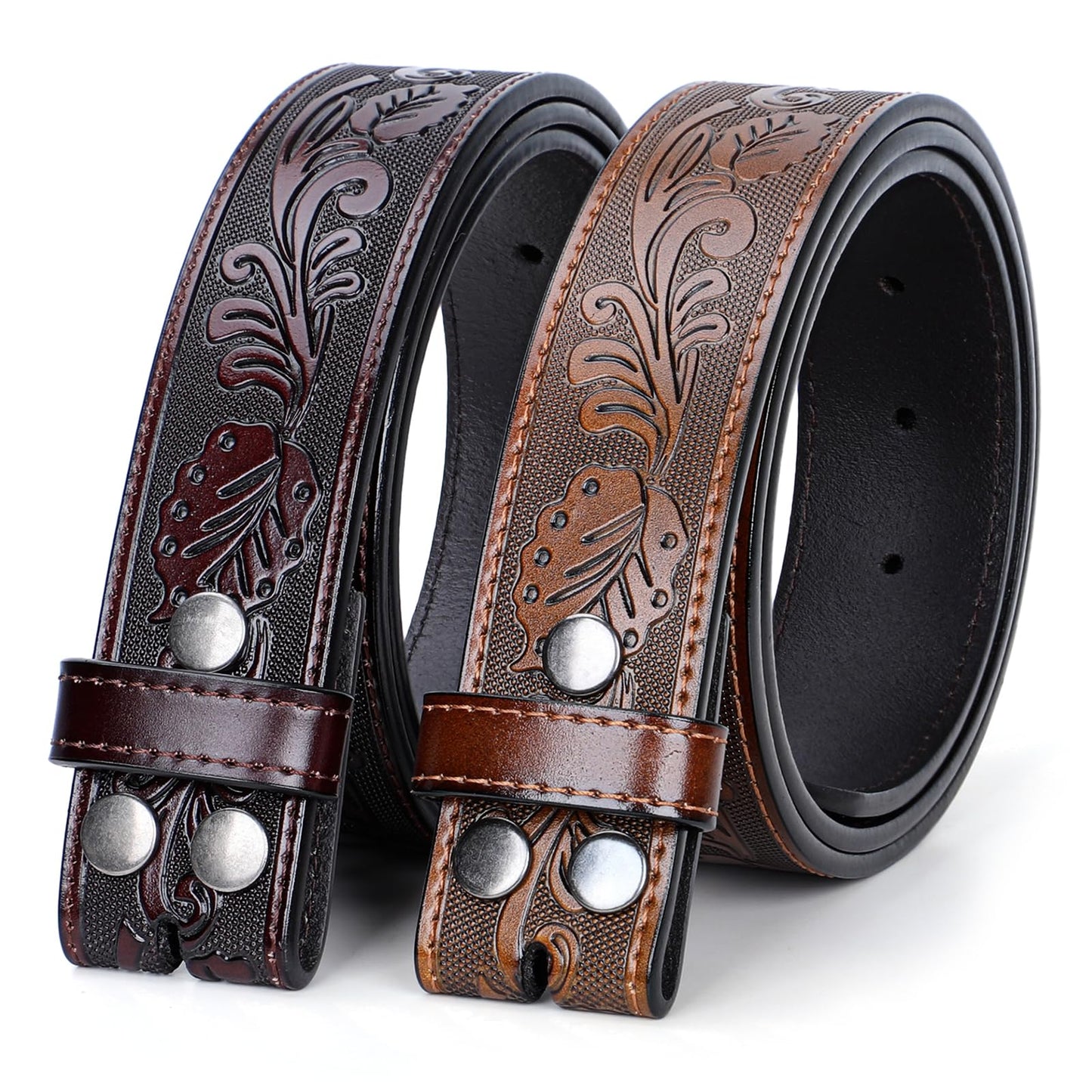 SANSTHS 2 Pack Western Belts for Men without Buckle, Cowboy Belt for Buckle Western Leather Belt Straps for Jeans, Coffee & Brown