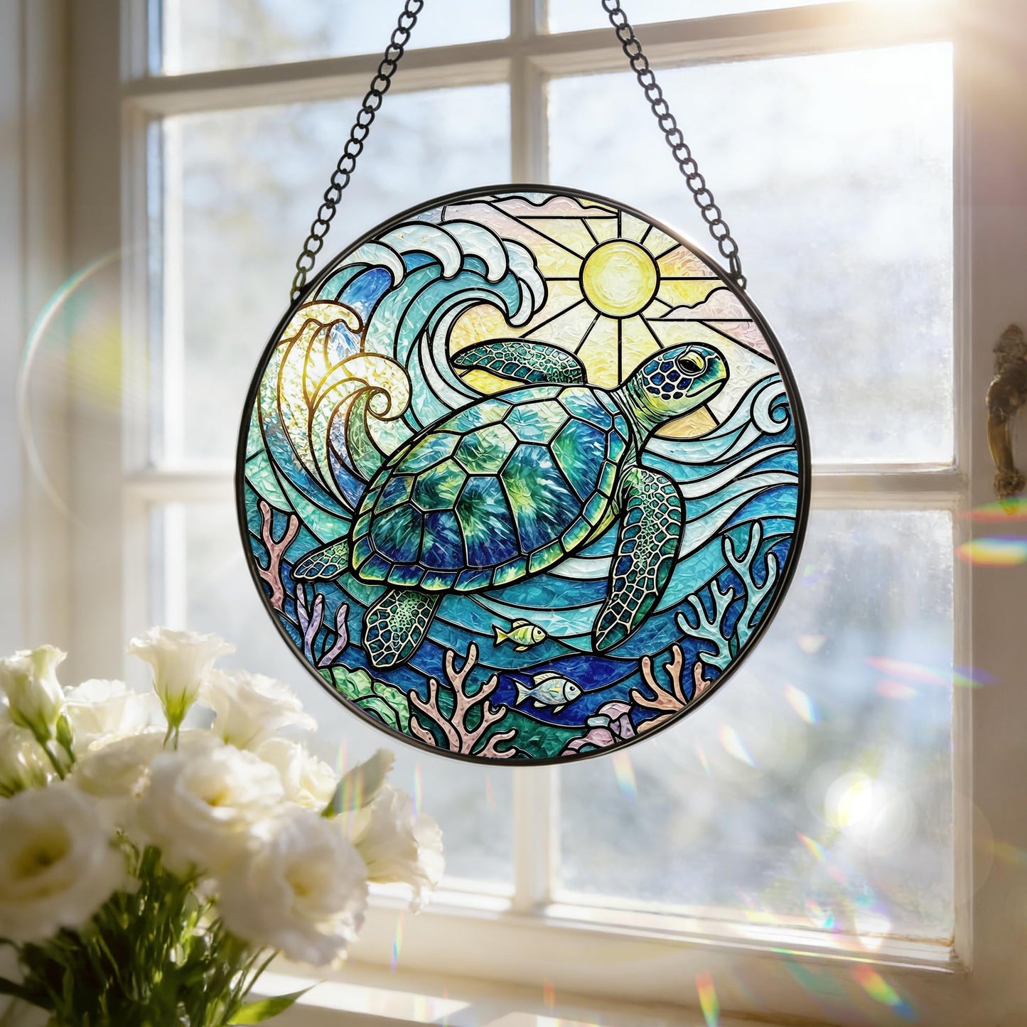 Stained Glass Window Hanging, 7.8 Inch Sea Turtle Stained Glass Suncatcher, Ocean Wave Window Hanging Ornament, Coastal Beach Decor, Sea Turtle Gifts for Ocean Lovers, Nature Lovers & Beach House