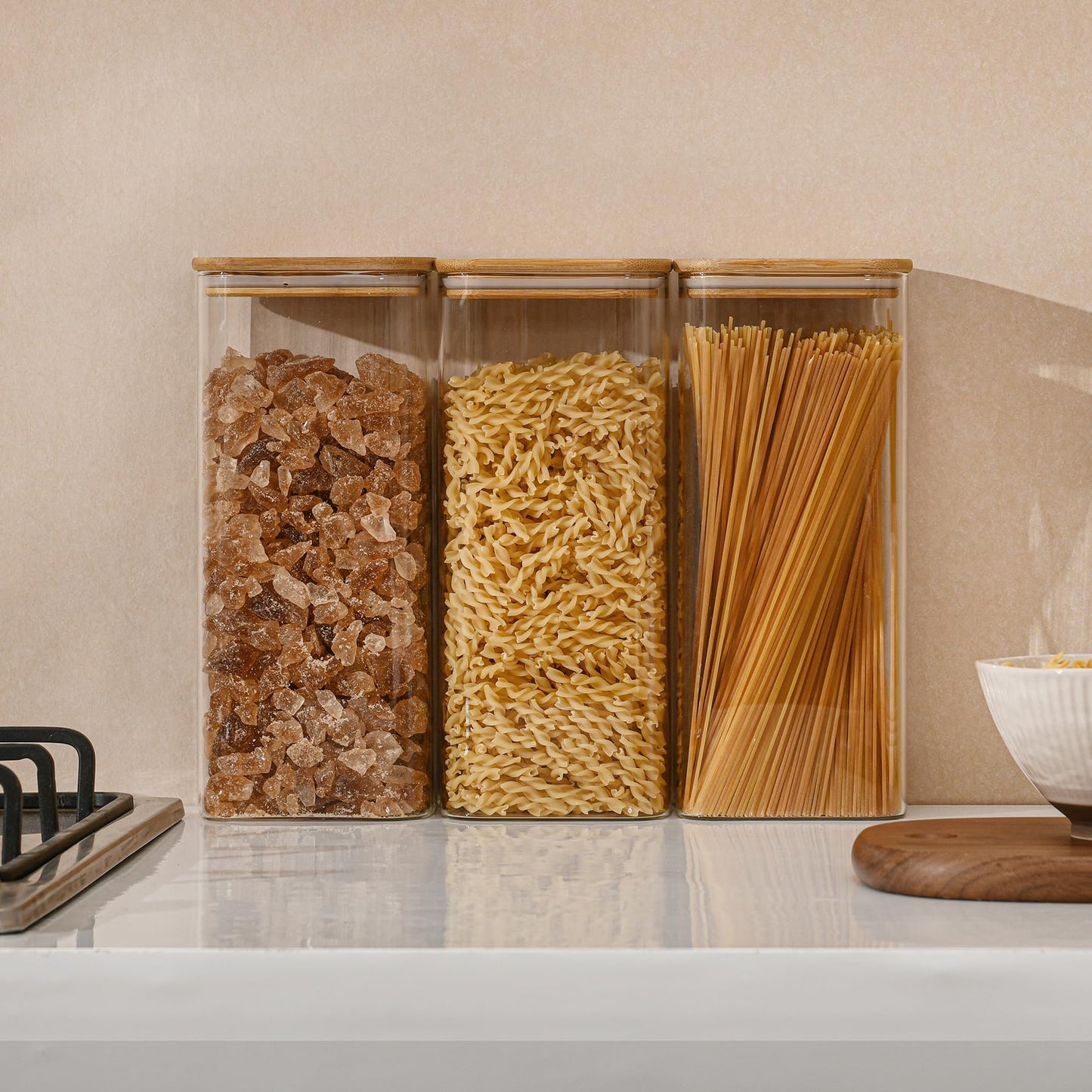D2scrma 71oz Rectangle Airtight Glass Storage Containers with Bamboo Lids (Set of 3), Square Food Storage Jar, Pantry Organizers for Sugar, Flour, Spaghetti and Coffee beans (‎with Black Lable)