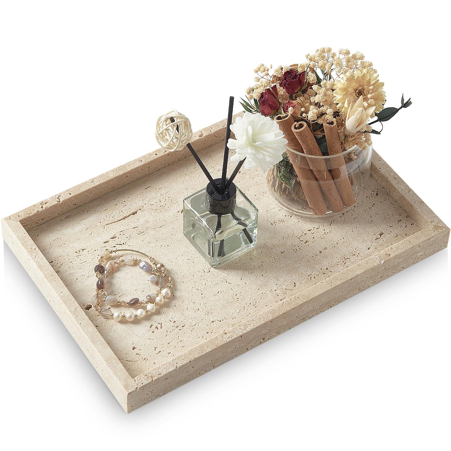 MULWR Travertine Tray,Bathroom Vanity Tray Non-Ceramic/Non-Resin,Marble Perfume Decorative Tray 12 x 8 inch (Travertine)