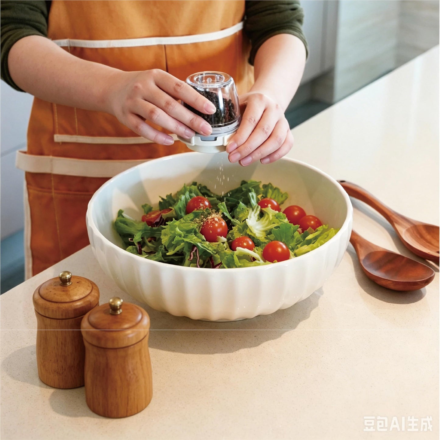 seicasaya 12-Inch Large Ceramic Salad Bowl Set with Wooden Servers, Decorative Serving Bowl with Ribbed Design for Pasta, Fruit (White)