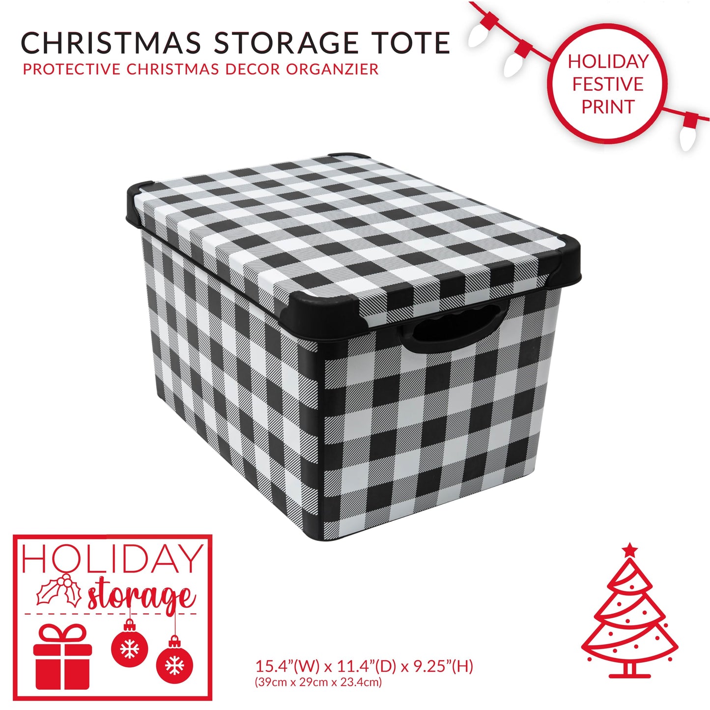 Simplify Checkered Design Storage Bin | Christmas Tote | Holiday Décor Decorations Organizer | Buffalo Plaid Design | Lidded | Stackable | Black and White