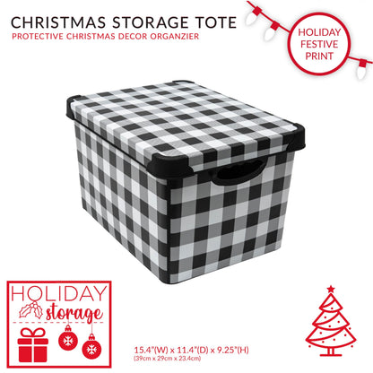 Simplify Checkered Design Storage Bin | Christmas Tote | Holiday Décor Decorations Organizer | Buffalo Plaid Design | Lidded | Stackable | Black and White