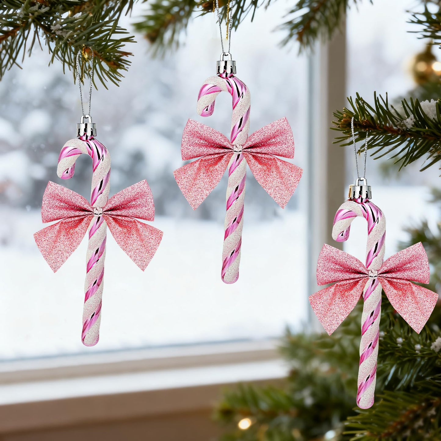 FYFLED Candy Cane Christmas Tree Decorations - 12 Pcs Candy Cane Ornaments for Tree, Glitter Candy Cane Bows for Xmas Tree Hanging Ornament Festival Party Home Decor, Pink