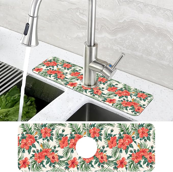Tropical Leaves and Red Floral Kitchen Sink Splash Guard Mat Absorbent Fast