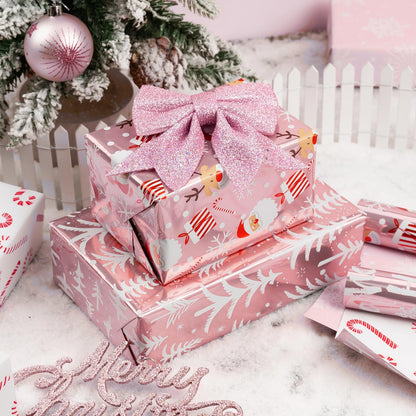 Burymento Christmas Wrapping Paper, Reversible Pink Christmas Tree, HO Santa Laughter, Snowflake, Reindeer, Design Gift Wrapping Paper Suitable for Holiday, Mini Roll (17 Inch X 120 Inch)