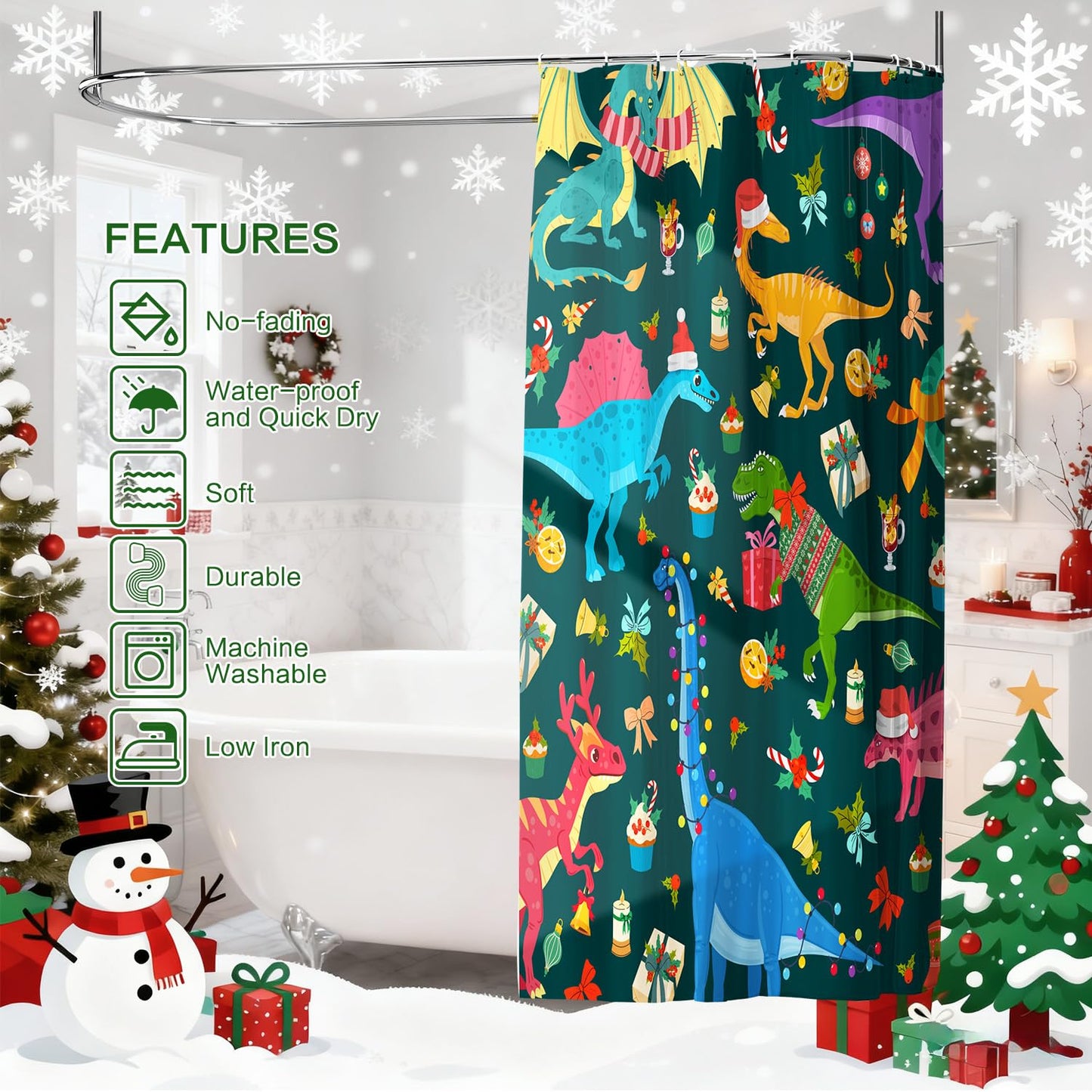 Shower Curtain Christmas, Kids Shower Curtain Santa's Hat Dinosaur Party Gift Box Cake Candy Jingling Bell String Light Xmas Theme Machine Washable Home Farmhouse Waterproof Decor Bathroom Curtain