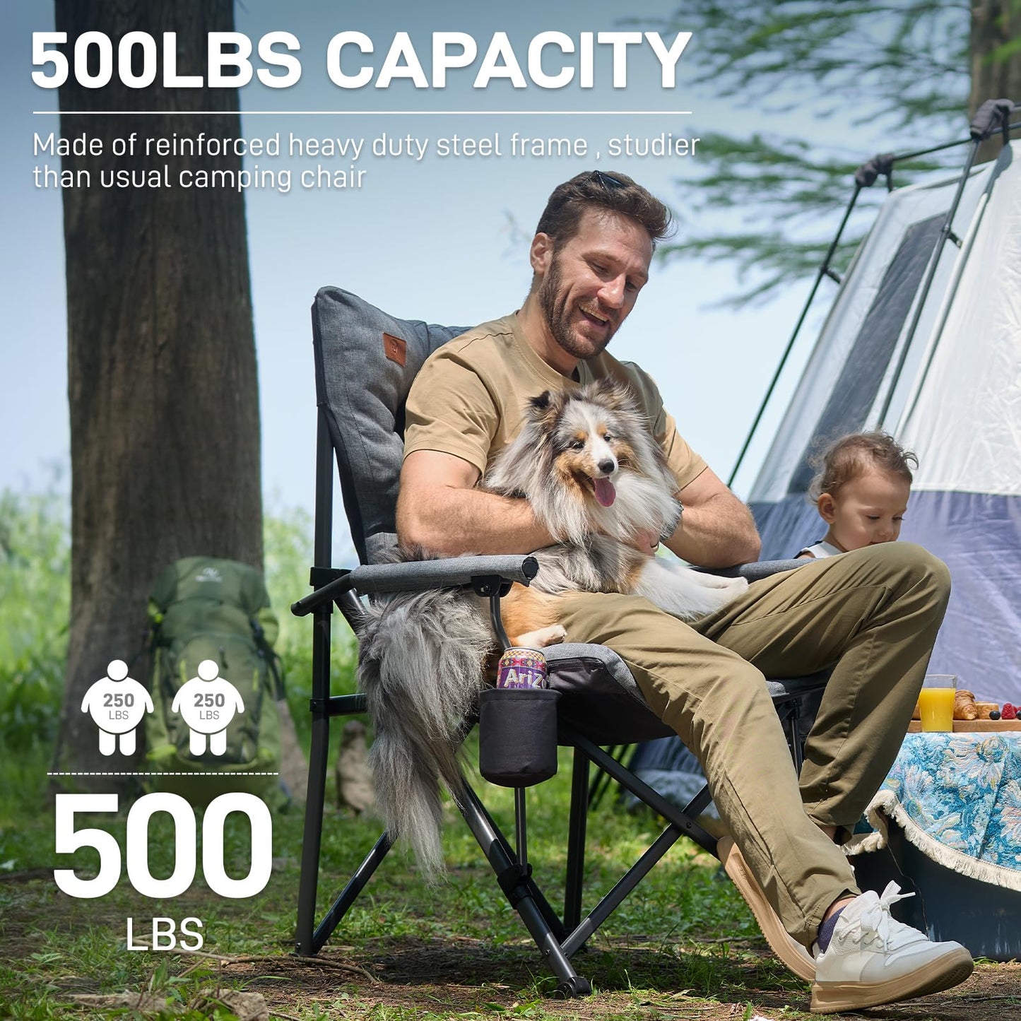 EVER ADVANCED Padded Oversized Folding Camping Chair for Adults, Heavy Duty Lawn Chair with Side Pockets, Portable Collapsible Quad Chair for Outside, Support Up to 500lbs, Grey