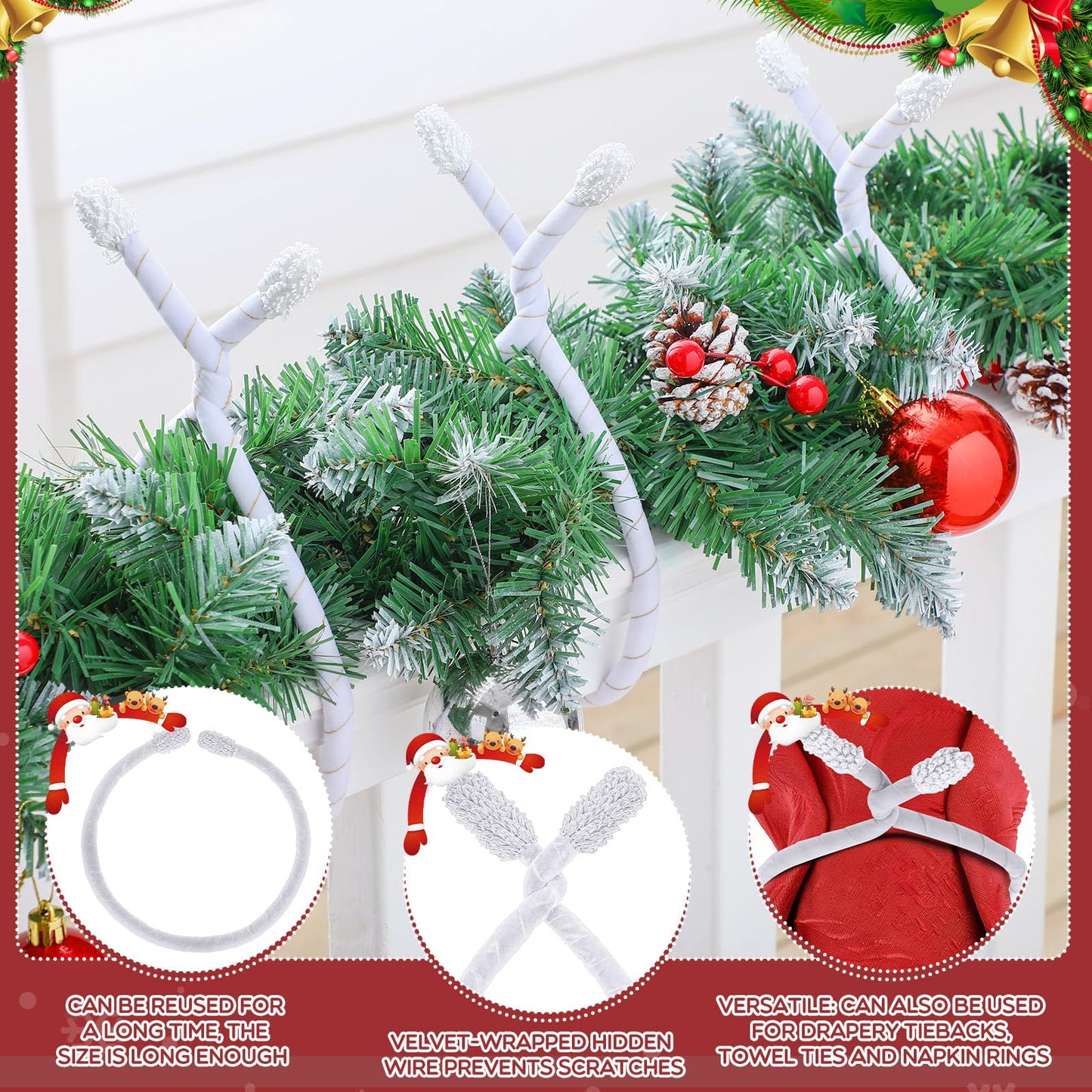 Zhengmy 16 Pcs 25 Inches Christmas Velvet Garland Ties Christmas Decorative Twist Ties for Banister Reusable and Flexible Twist for Xmas Home Decorations Holiday Craft Wrapping(White)