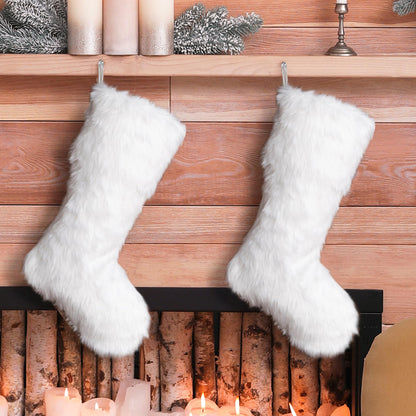 Glithome 21" L White Plush Christmas Stocking with Hooked Xmas Stocking for Christmas Decorations and Party Accessory