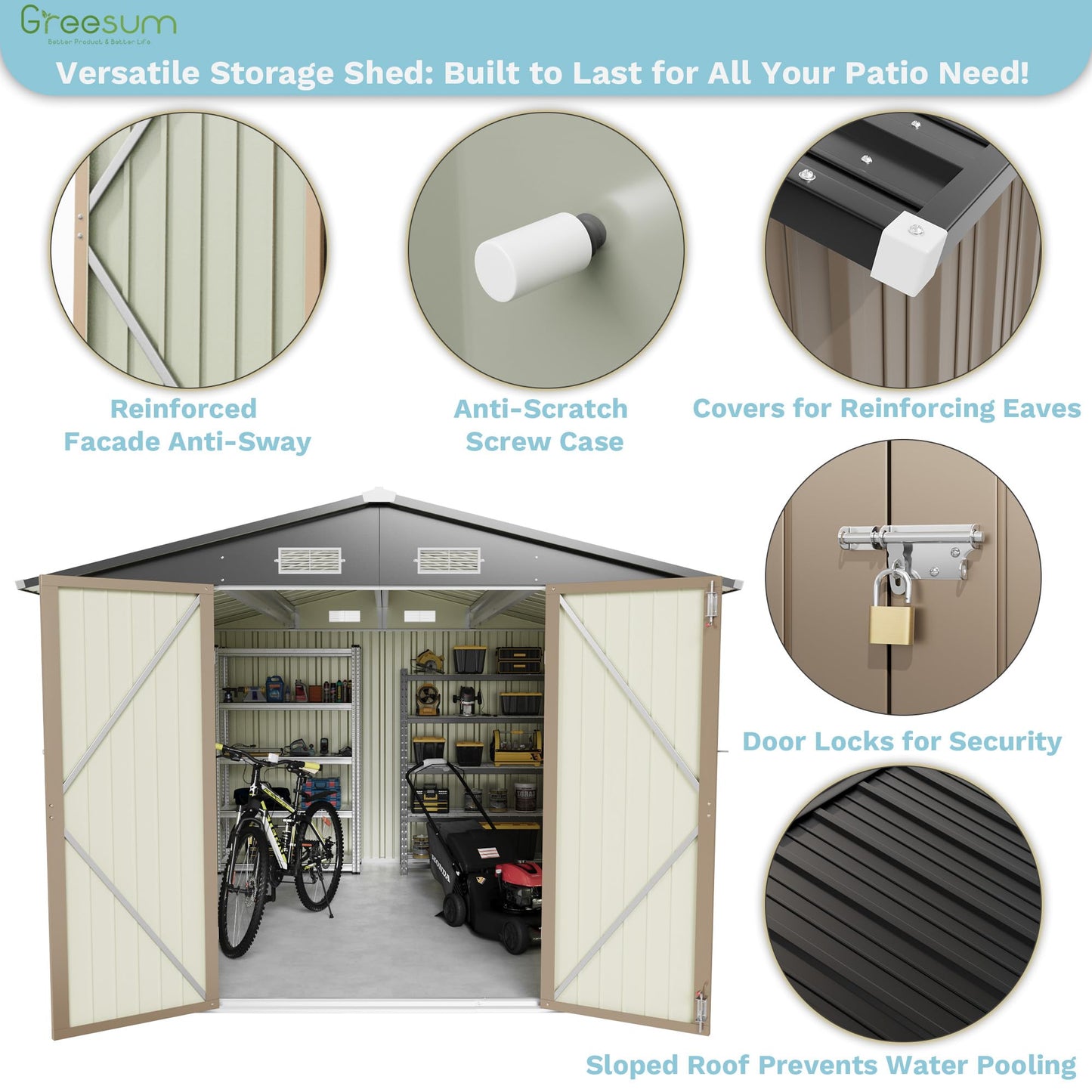 Greesum 8x10FT Outdoor Storage Shed, Metal Storaged Sheds with Lockable Doors, Sheds & Outdoor Storage for Bike, Backyard, Pool and Garden, Brown