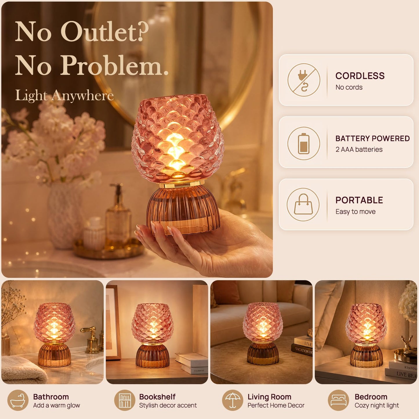 SisiHokai Battery Operated Lamp with Timer, Cute Small Cordless Glass Table Lamp for Home Decor, Kitchen, Bathroom, Birthday Gift for Women, Pinecone, Pink