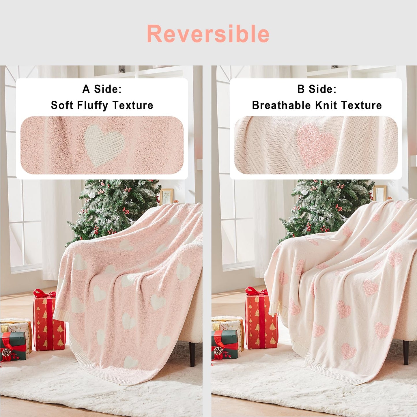 Douceur Love Heart Throw Blanket, Ultra Soft Pink Fluffy Valentine’s Day Blanket, Reversible Cozy Decorative Blanket for Bed Couch Sofa, Super Soft Indoor Living Room Plush Throws, 60"X80"