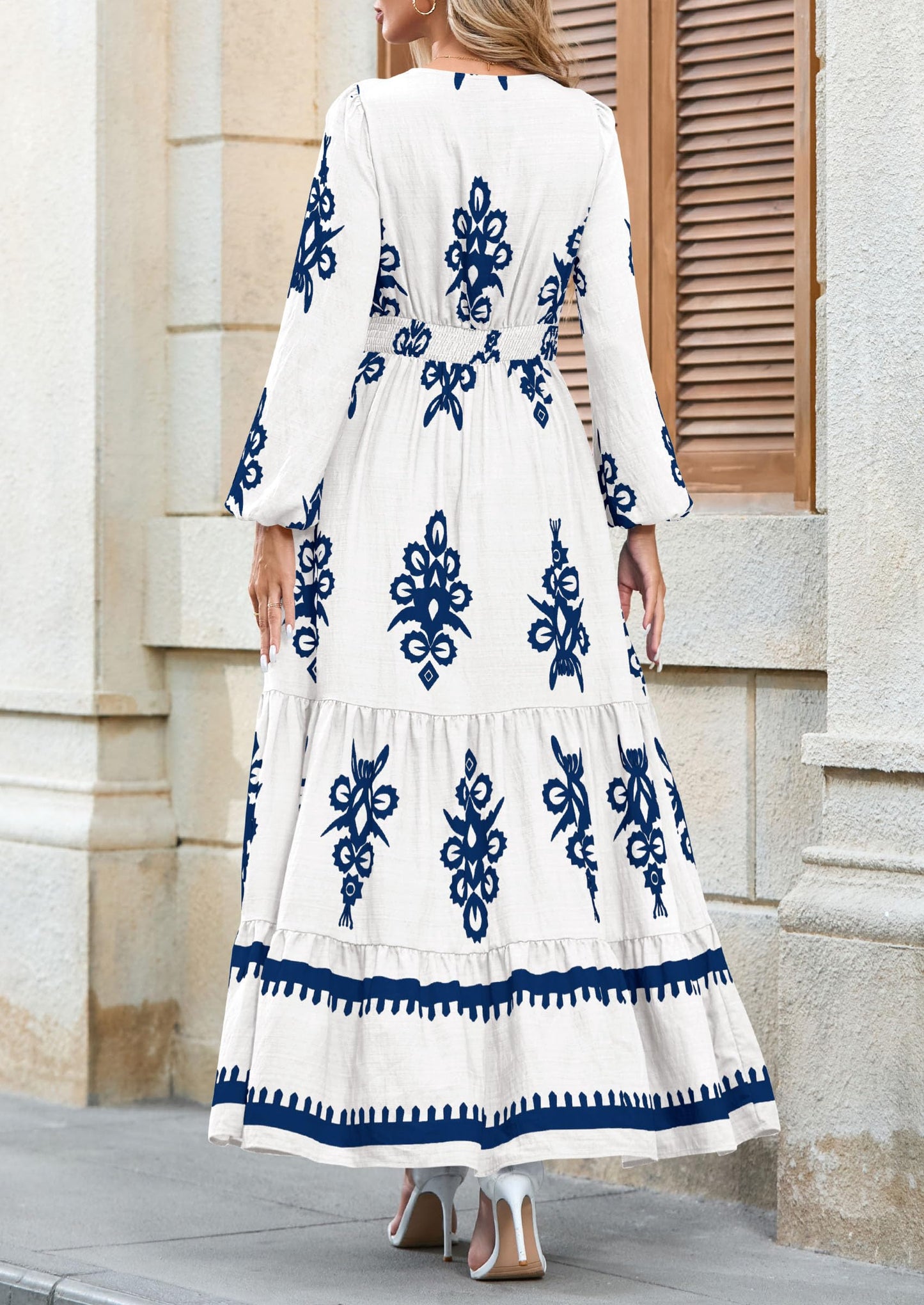 PRETTYGARDEN Women's 2025 Fall Wedding Guest Dresses Boho Floral Long Sleeve V Neck Flowy Elegant Maxi Dress Beach Clothes