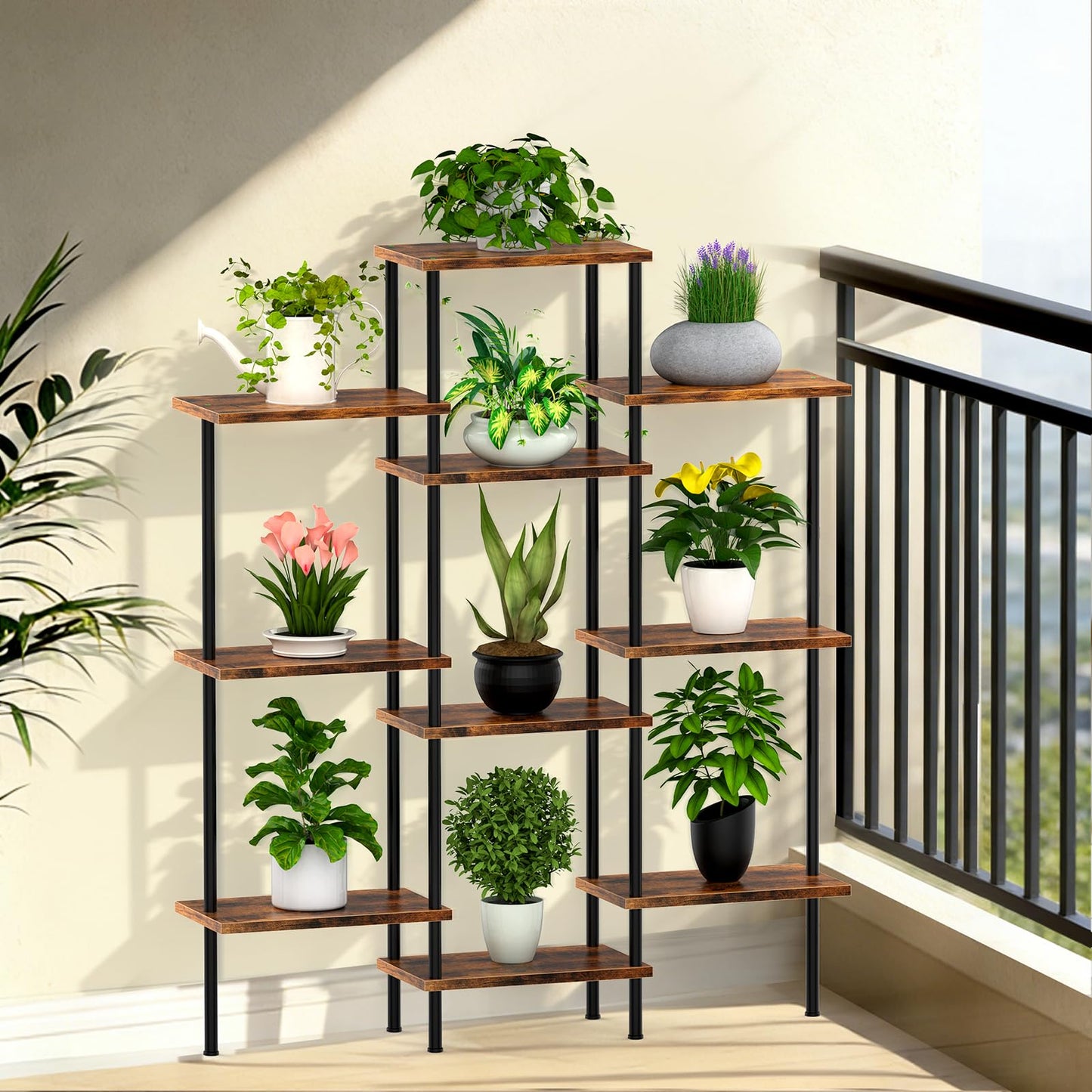 KANEODOT 42" Tall Plant Stand,4-Tier Heavy Duty Plant Shelf,Small Plant Stand Indoor and Outdoor,Living Room,Balcony,Home Office,37''L x 7.8''W x 42''H,Rustic Brown