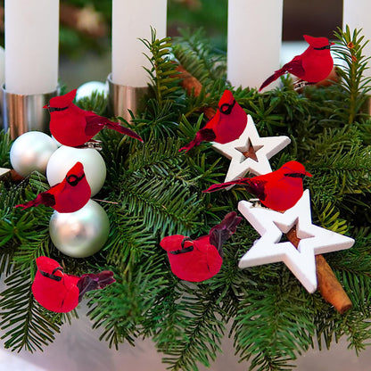 Cartanfill-Cardinal Clip On Christmas Tree Ornament Decorations, Set of 12, Red Feather Birds, 3 inches Long