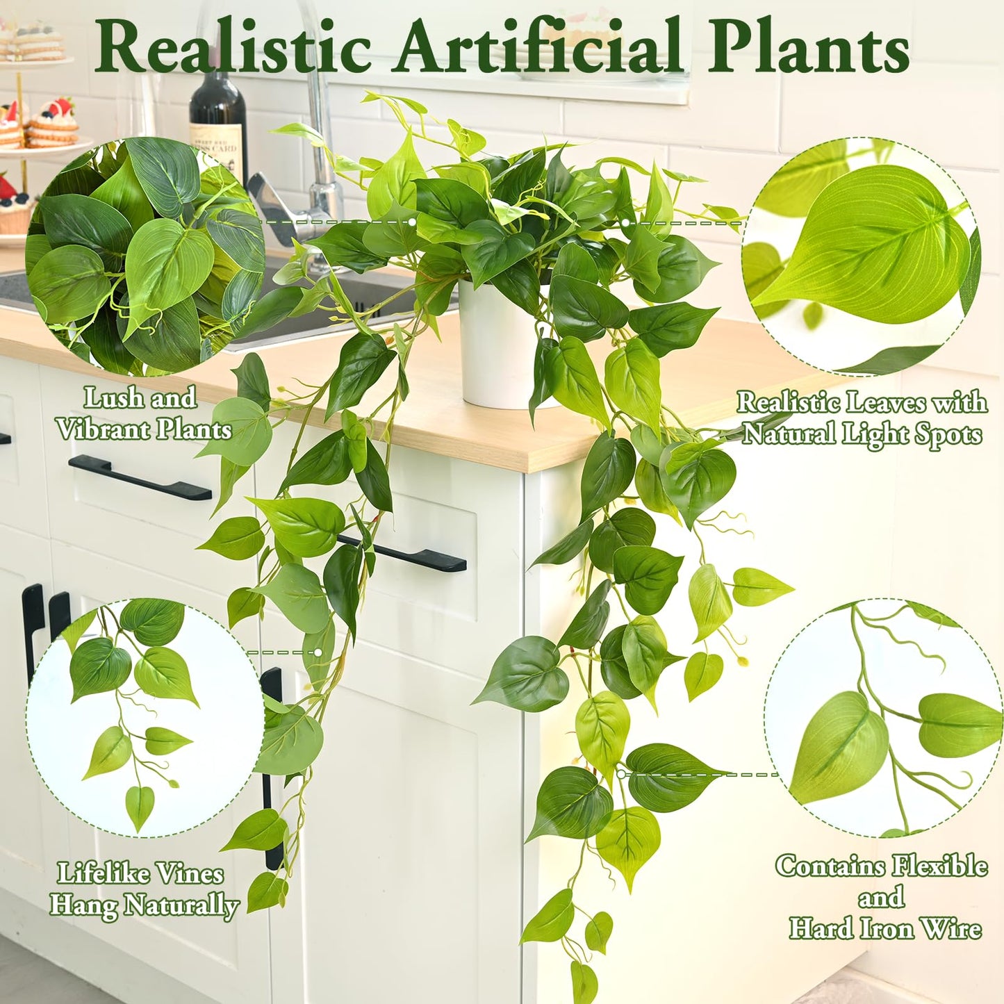 Waipfaru Artificial Plants Indoor, 2Pcs 34" Realistic Fake Pothos Hanging Plants Silk Vines Ivy Potted, Fake Pothos for Living Room Office Bedroom Bathroom Kitchen Shelves Indoor Home Decor