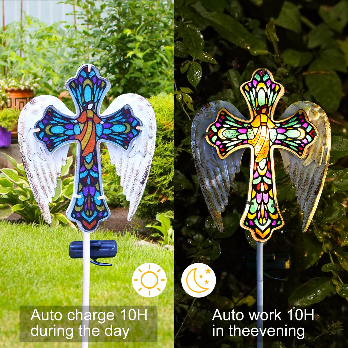 YJFWAL Solar Glass Cross Garden Stake Light, Cemetery Decorations for Grave Outdoor Lights, Easter Jesus Cross Angel Wings Sympathy Memorial Day Decor, for Garden Lawn Yard Patio