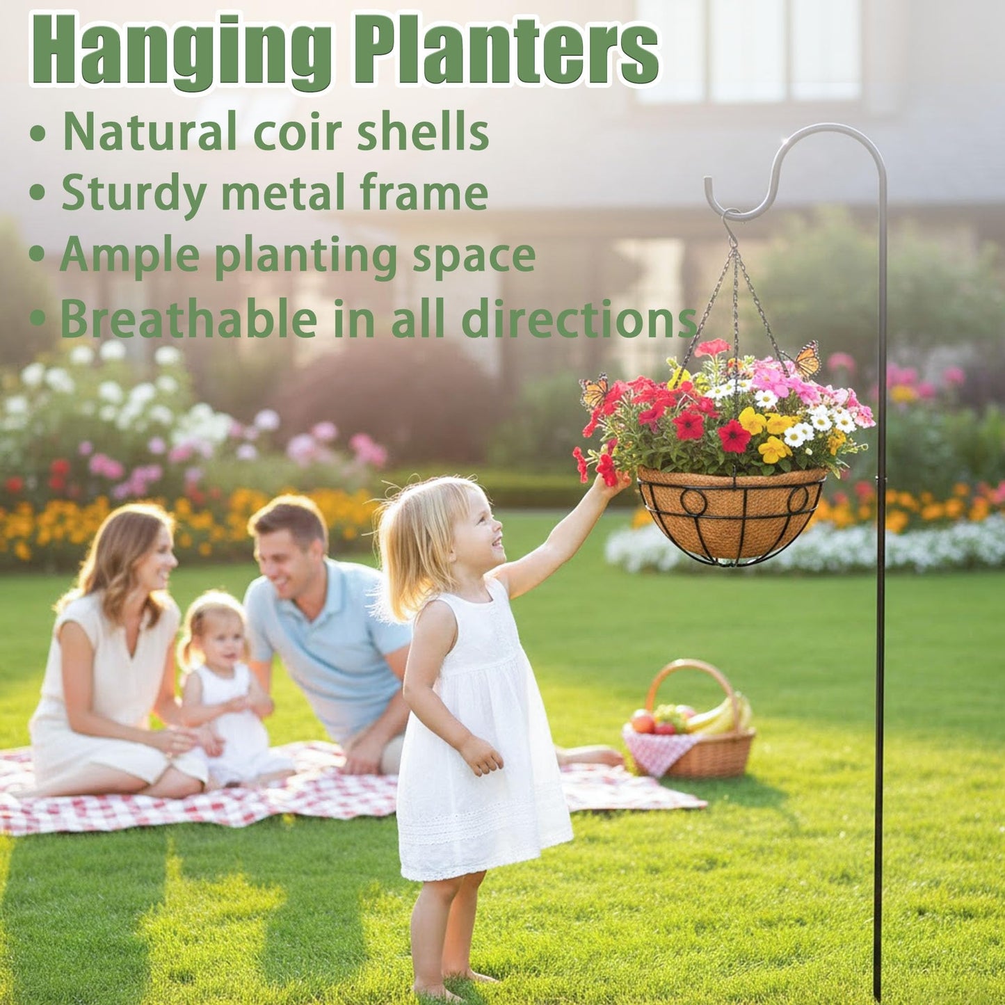 4 Pack 14 Inch Hanging Baskets for Plants Outdoor Metal Hanging Planters with Coco Coir Liner Round Wire Plant Holder Hanging Flower Pots for Outdoor Patio Lawn Balcony Garden Decor - Circular