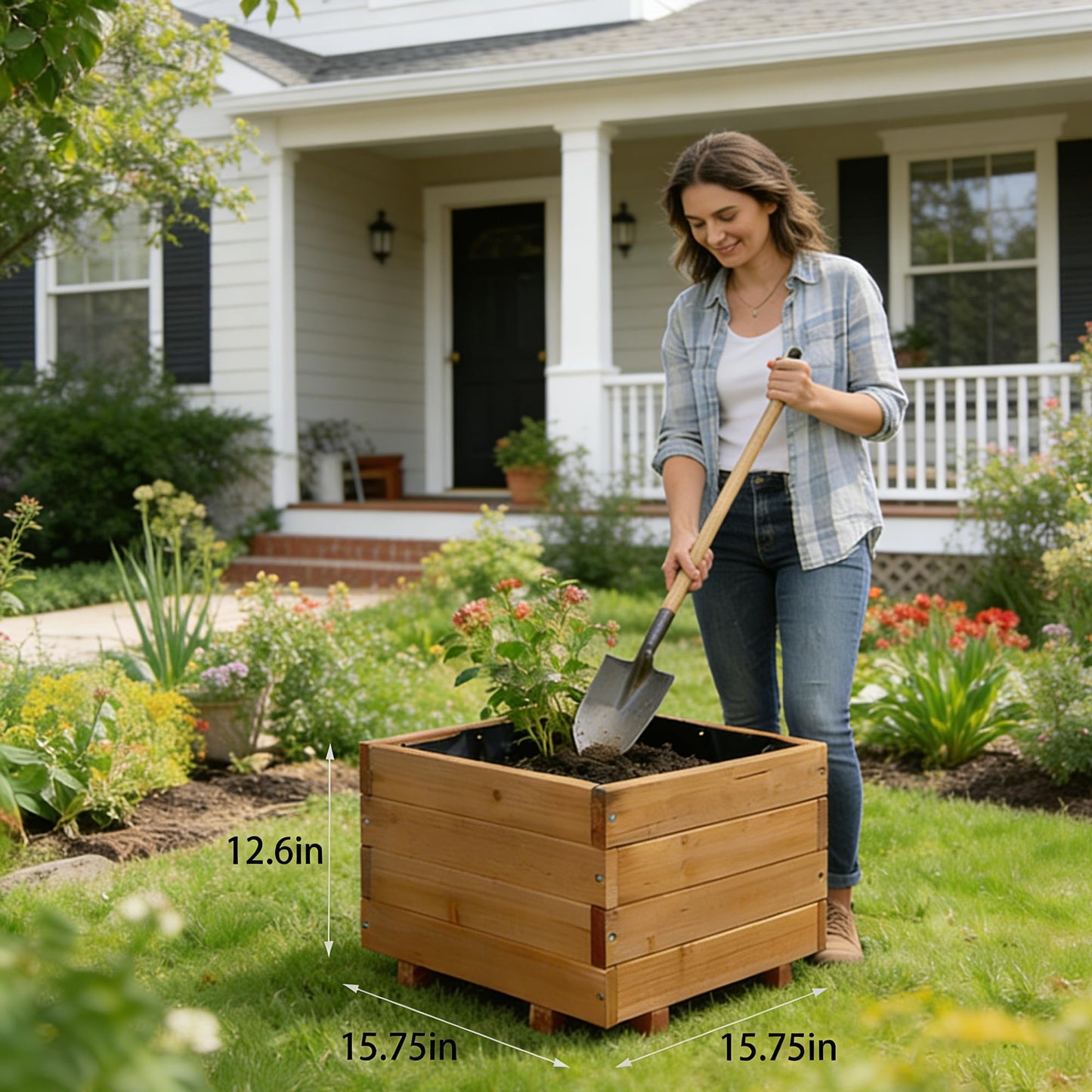 ScienGarden 15.75" Square Wooden Planter Box, 12.6" H Raised Garden Box, Fir Wood Outdoor Planter with 2 Drainage Holes, Reinforced Bottom Supports, Mortise & Tenon Corners, Water-Based Paint Finish