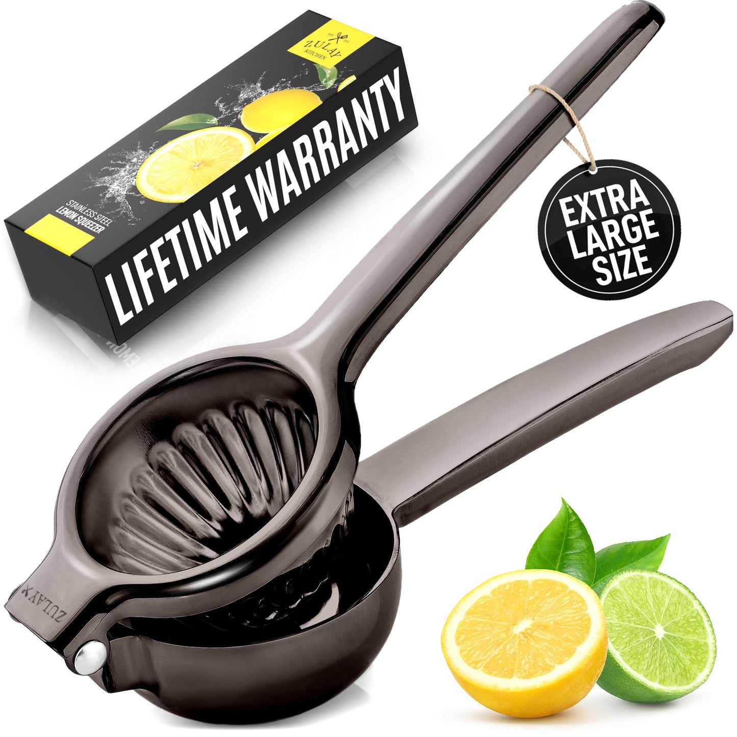 Zulay Lemon Squeezer Stainless Steel with Premium Heavy Duty Solid Metal Squeezer Bowl (Black Grip, Large)