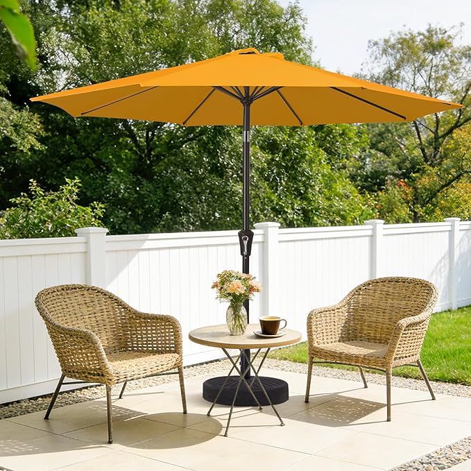 MEWAY 9ft Patio Umbrella Outdoor Table Umbrellas with Push Button Tilt and Crank, Market Umbrella 8 Sturdy Ribs for Deck, Garden, Pool and Backyard, Sun Orange