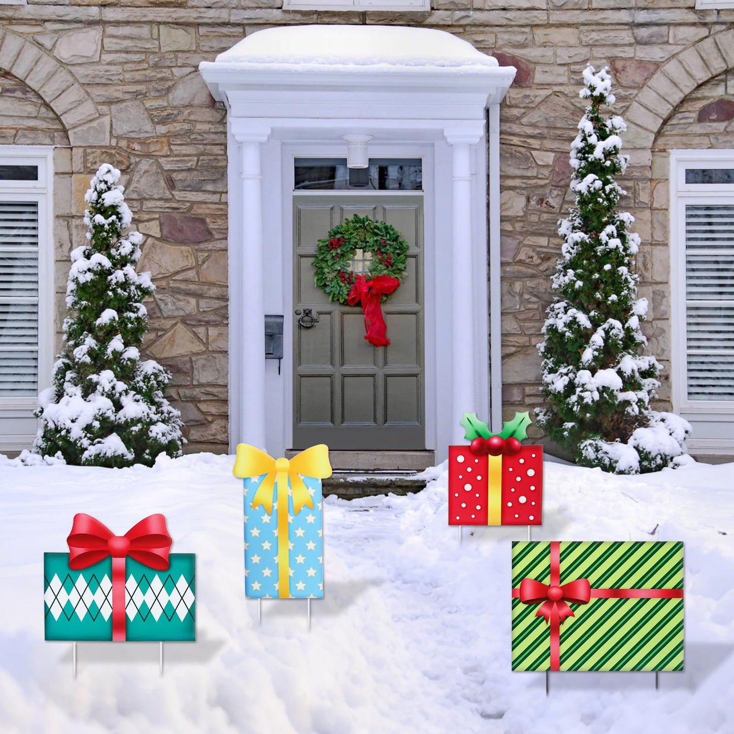 Christmas Yard Sign Decorations Outdoor Christmas Four Gift Boxes Yard Signs with Metal Stakes for Xmas Holiday Party Lawn Sign Garden Decor Outdoor Yard Signs