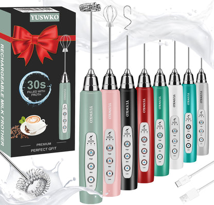 YUSWKO Black Handheld Milk Frother Wand for Coffee, Rechargeable Electric Whisk with 3 Heads 3 Speeds Drink Mixer Coffee Frother For Latte, Cappuccino, Hot Chocolate, Egg