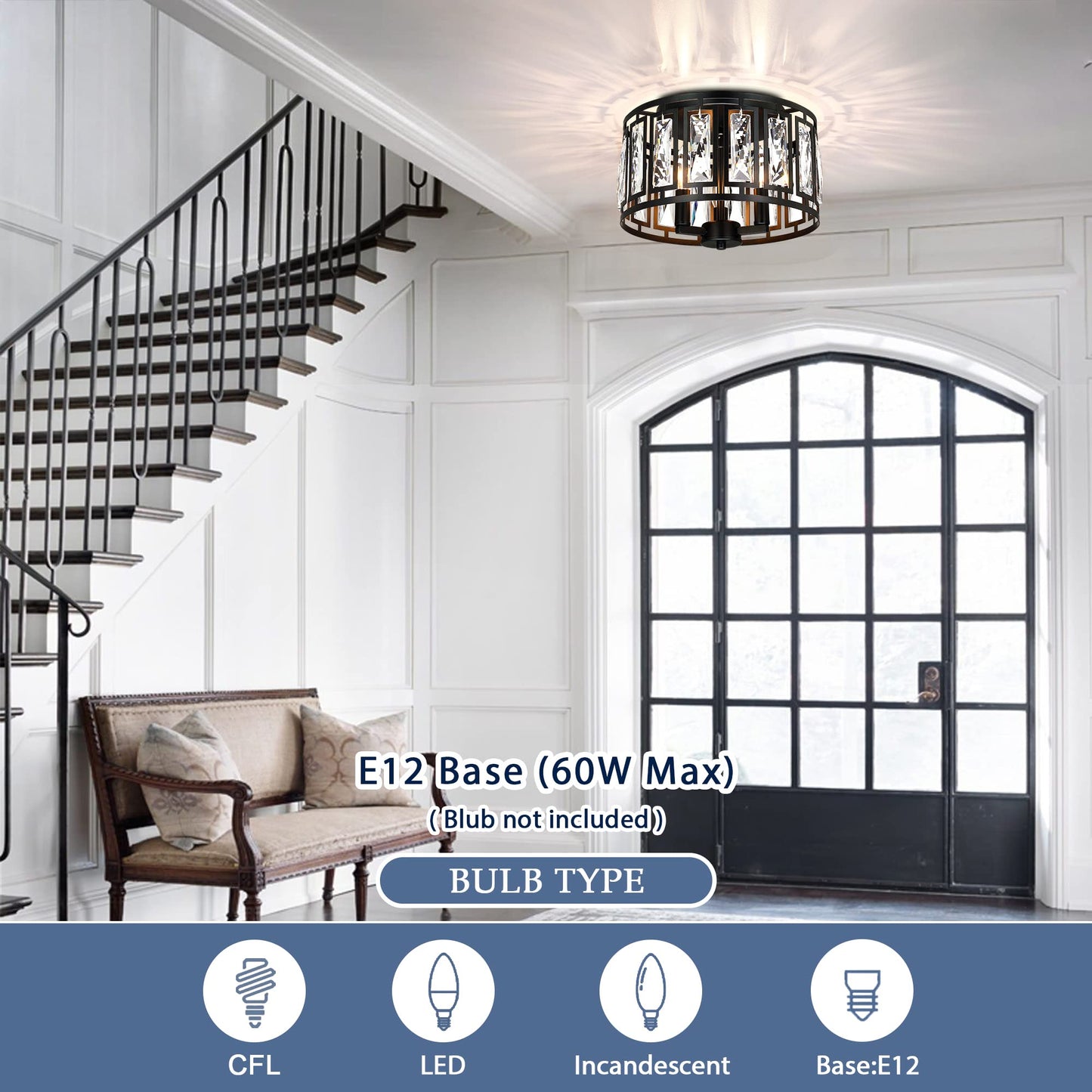 Giiland Crystal Ceiling Light Flush Mount for Bedroom, Kitchen Island Crystal Drum Shade Lighting Fixture, 3-Light Black Ceiling Lamp for Dining Room